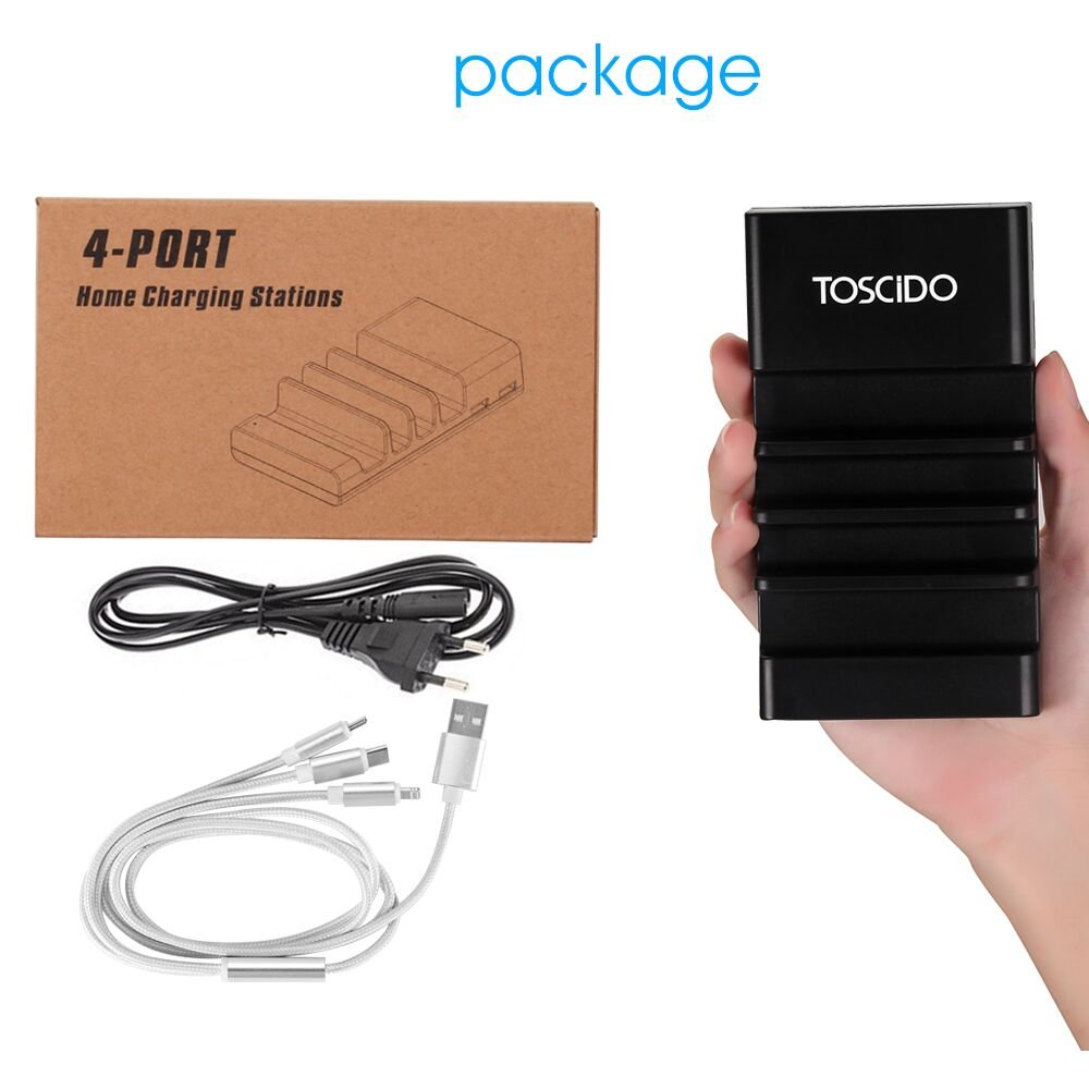 Estación De Carga USB-TOSCiDO 4 Puertos Soporte de Carga Multi Carga Inteligente Incluido El Cable De Carga Rápida 3 En 1 Para iPhone,iPad, Samsung, Smartphones, Tablets