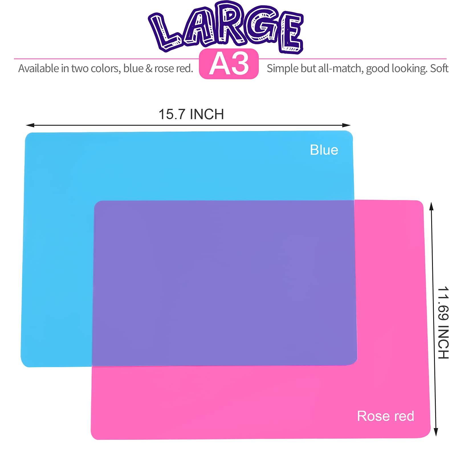 LEOBRO A3 Large Silicone Sheet Craft Jewelry Casting Mat Premium Silicone Placemats Multipurpose Mat Non-Stick Non-Slip Heat Resistant Blue/Rose Red (15.7 x 11.7 inch) 2 Pack