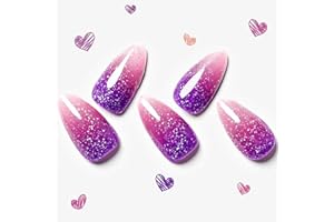 GLAMERMAID Pink Ombre Press on Nails Short Almond, Purple Handmade Jelly Gel Nails Kit, Medium Almond Glue Stick on Nail, Galaxy Glitter Crush Brush Nails, Fake False Nail with DesignAurora Nail Set for Women