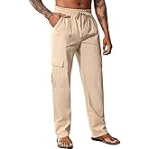 Men's Casual Linen Pants Summer Loose Fit Elastic Waist Drawstring Pants Lightweight Linen Cargo Trousers with Pockets