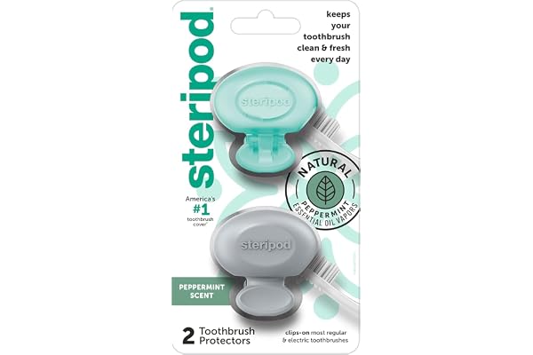 Steripod Clip-On Toothbrush Protector with Peppermint Essential Oils, Keeps Toothbrush Fresh and Clean, Fits Most Manual and