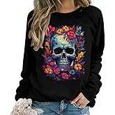 Lurhonp Women's Skull Graphic Sweatshirt Halloween Crewneck Long Sleeve Pullover Tops