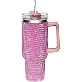 HWISDMIG 40oz Tumbler with Handle-Glitter Rhinestones Tumbler Bling Cups Stainless Steel Water Bottle Diamond Studded Tumbler for Women-Birthday Gifts for Women, Mom, Wife, Girlfriend (40 oz, Pink)