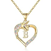 Hidepoo Valentines Gifts for Kids Girls - Unicorn Necklace Gifts for Girls 14K-Gold-Plated Colorful CZ Heart Necklace Girl Jewelry Initial Unicorn Necklaces for Girl Valentines Gift