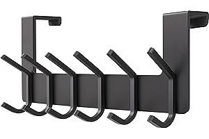 SAYONEYES Matte Black Over The Door Hooks - Heavy Duty Stainless Steel Door Hanger Holder with 6 Double Hooks for Hanging Coat Robe Hat Bag Towel Rack Bathroom, Bedroom – 1 Pack