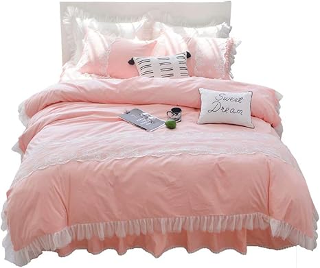 Amazon 布団カバーセット 4点セット ダブル かわいい おしゃれ レース フリル付き 掛け布団カバーセット 姫系 ピンク 綿100 寝具カバーセット ベッドシーツ 枕カバー2枚 女の子 洋式セット インテリア プリンセス ベッドスカート 固定ヒモ付き 全開ファスナー