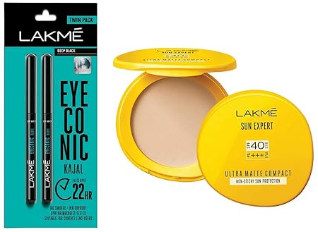 Lakme Eyeconic Kajal Twin Pack, Black, 0.35g with 0.35g & Lakme Sun Expert Ultra Matte SPF 40 PA+++ Compact, 7g