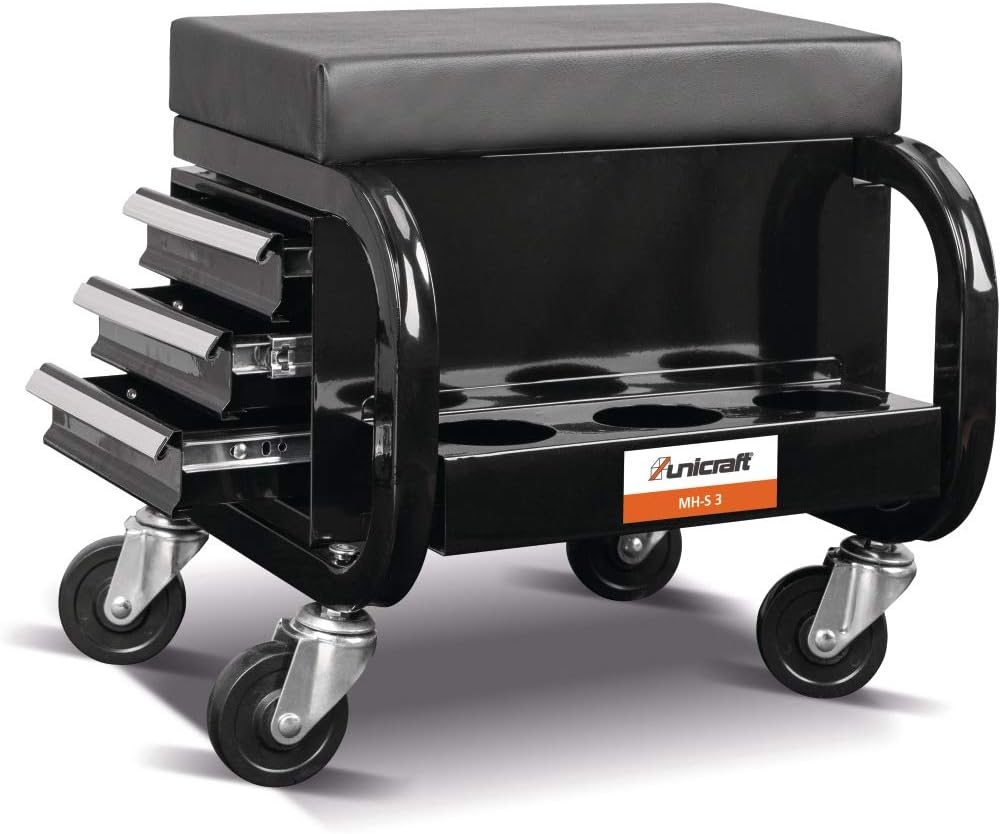 Unicraft MH-S 3 6201903 Mounting Stool with 3 Drawers Seat Height 367 mm Padded Seat Surface Steel Construction with Castors Maximum Load 120 kg