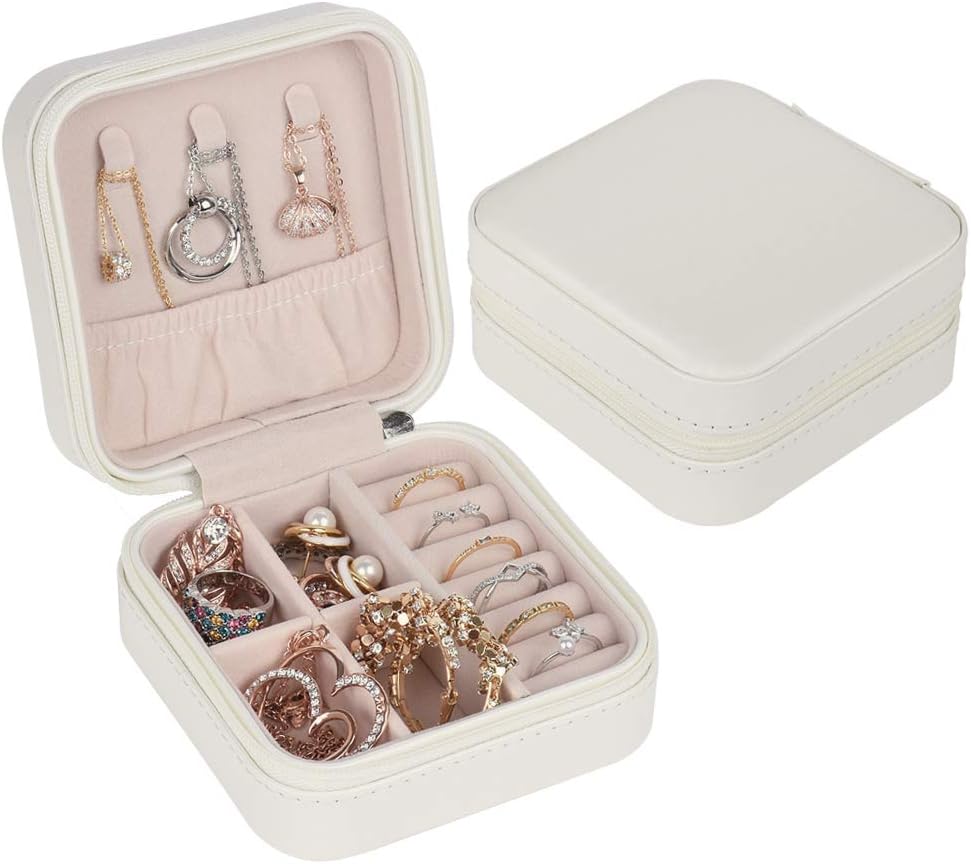 Yonzone Small Jewelry Box, Travel Jewelry Organizer Storage Jewellery Case Holder for Rings Earrings Necklace PU Leather Jewelry Gift Boxes for Girls Women, White