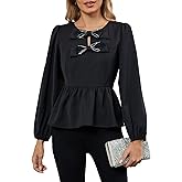 Women Rhinestone Sparkly Tops with Bow Formal Elegant Evening Cocktail Party Blouse Crewneck Puff Sleeve Peplum Shirt
