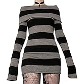 SOLILOQUY Women Gothic Dress Punk Off Shoulder Striped Knit Dress Y2k Fairy Grunge Dress Halloween Dark Academia Clothes