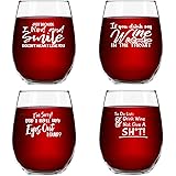 Set of 4 Crude & Rude Funny Wine Glasses (15 oz)- Novelty Glassware Gifts for Women- Hilarious Party, Event, Hosting Fun- Win