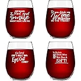 Set of 4 Crude & Rude Funny Wine Glasses (15 oz)- Novelty Glassware Gifts for Women- Hilarious Party, Event, Hosting Fun- Wine Lover Glass w/Funny Sayings- Birthday Wine Gift for Friends- Made in USA