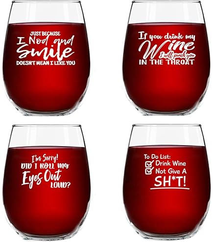 Amazon.com | Funny Stemless Wine Glasses Set of 4 (15 oz)- Funny Novelty  Wine Glassware Gift for Women- Party, Event, Hosting Fun- Wine Lover Wine  Glass with Funny Sayings: Wine Glasses