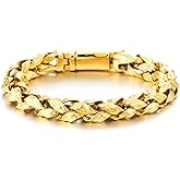 Men’s Gold Steel Hammered Link Bracelet Bold Braided Chain Textured Finish Punk Biker Jewelry