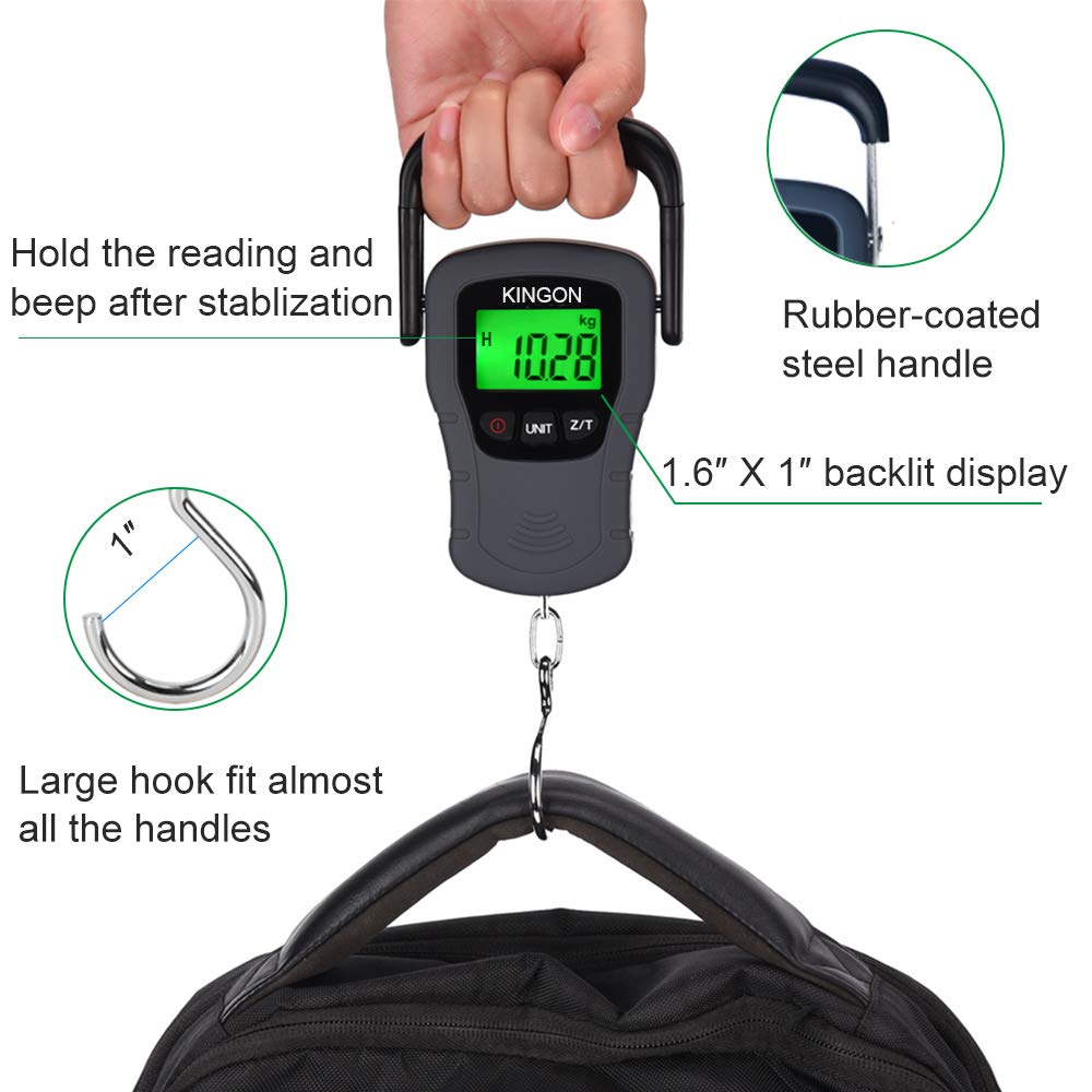 KINGON Digital Hanging Luggage Scale with Comfortable Handle and Large Hook, 110lb/50kg, Backlit Portable Scale for Travel Fishing with Tare/Hold Function, AAA Batteries Included, Grey