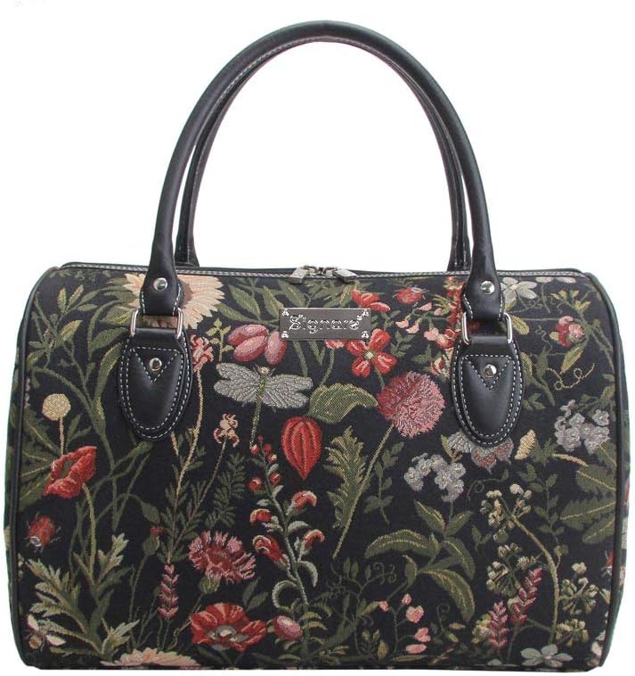 Signare Tapestry Women Travel Duffel Weekender Hand Luggage Overnight Bag Garden Flower with Sunflower Poppy Butterfly Dragonfly in Black (TRAV-MGDBK)(Size: L)