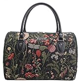 Signare Tapestry Duffle Bag Overnight Bags Weekend Bag for Women in Morning Garden Black Design (TRAV-MGDBK)