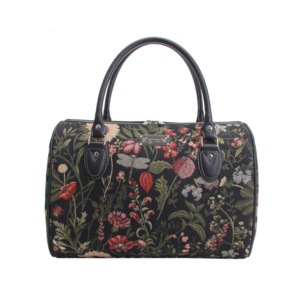 Signare Tapestry Women Travel Duffel Weekender Hand Luggage Overnight Bag Garden Flower with Sunflower Poppy Butterfly Dragonfly in Black (TRAV-MGDBK)(Size: L)