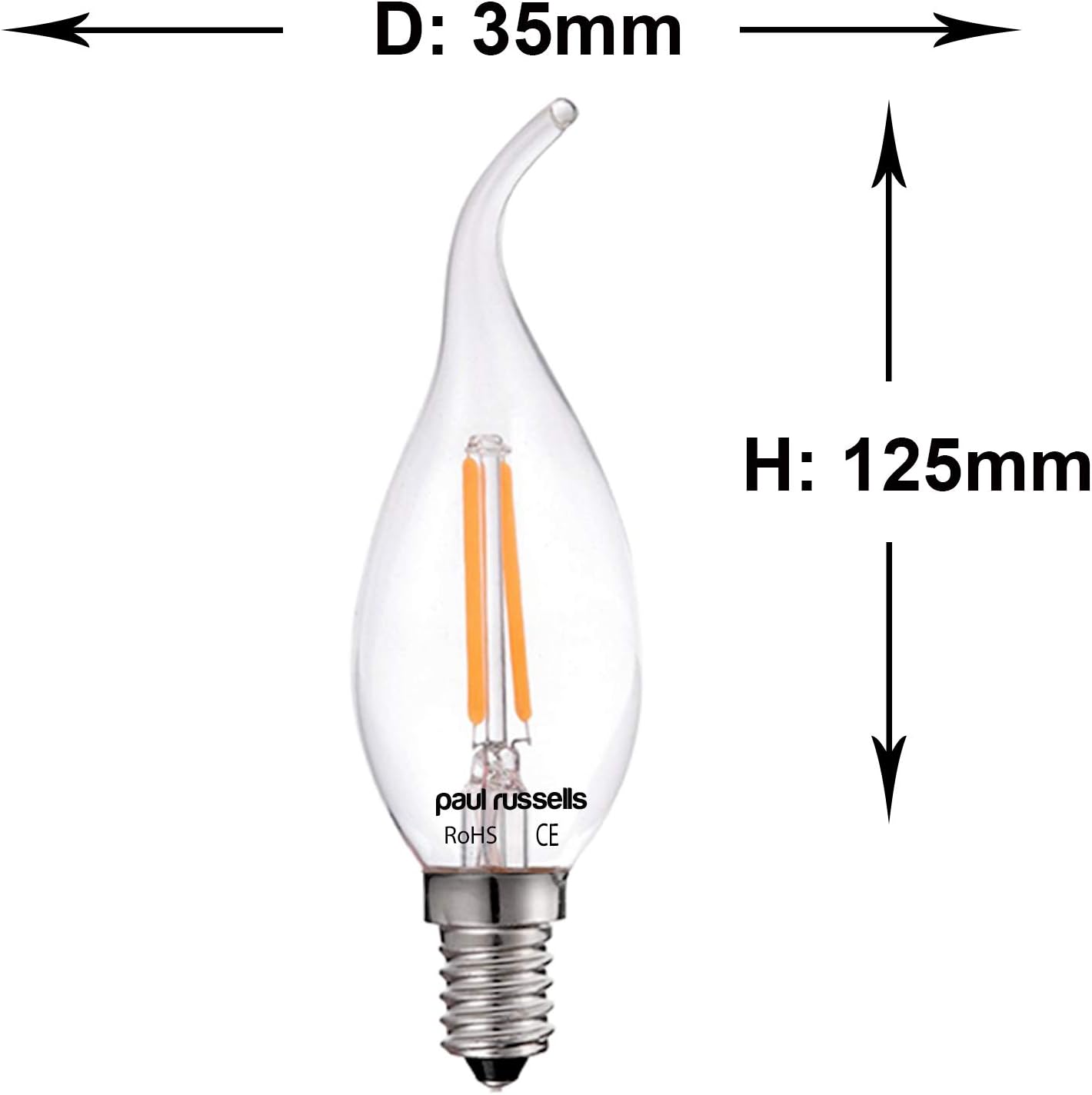 paul russells LED Flame Candle Filament Light, 2.5W 25W Equivalent Replacement, 250LM Lumens, 2700K Warm White - Image 4