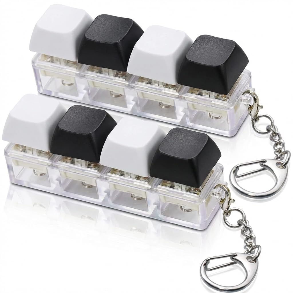 2 Pcs Keyboard Fidget Toy,Keyring Keychain,Key Board Clicker Toys,4-Button Gadget Click Button Keycap Keys,Decompression Stress Relief Finger Caps to Pass Time (2, Black White)