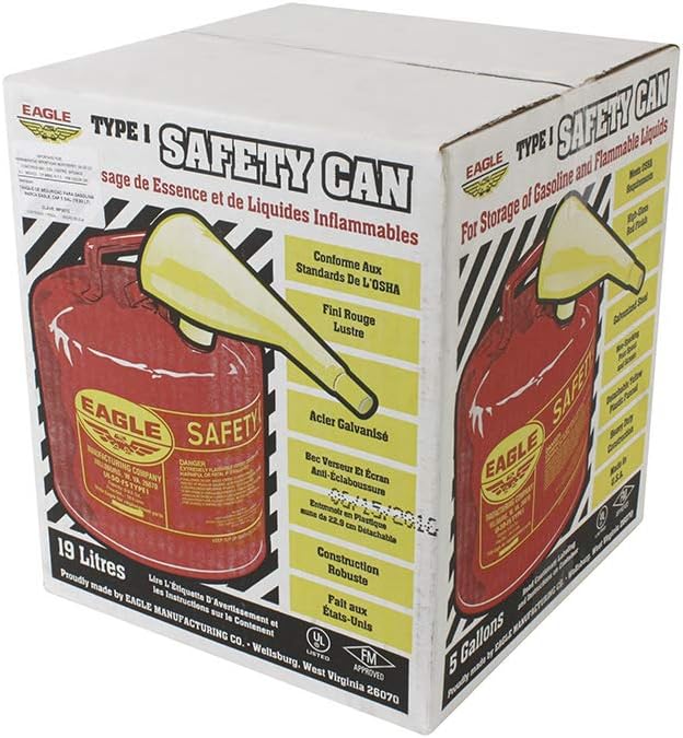 Eagle UI-50-FS Red Galvanized Steel Type I Gasoline Safety Can with Funnel, 5 gallon Capacity, 13.5" Height, 12.5" Diameter, Red/Yellow: Hazardous Storage Cans: Industrial & Scientific