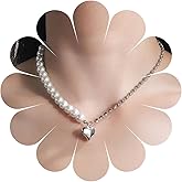 Andelaisi Boho Pearl Choker Necklace Silver Crystal Tennis Chain Necklace Vintage Heart Pendant Necklace Sparkly Cz Tennis Chain Asymmetrical Necklace Jewelry for Women