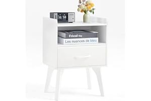 YUFAM Wooden Night Stand,Mid Century Modern Nightstand,Side Tables with Fabric Drawers and Open Storage Shelf,Bedside Table with Wood Legs,End Table for Bedroom,Sitting Room and Small Spaces (White)