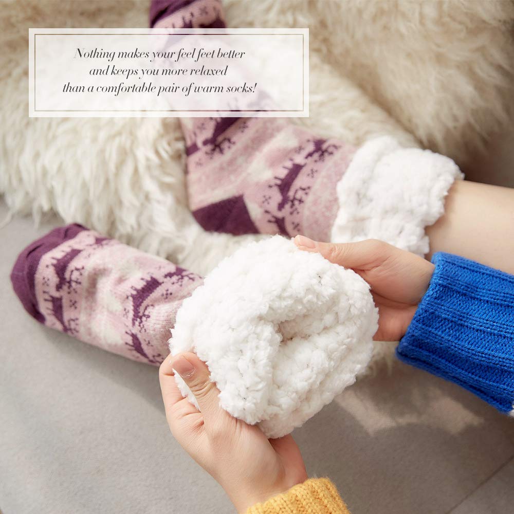 4YOUALL Womens Fleece Lining Soft Warm Fuzzy Sock, Christmas Thermal Knee High Stockings Slipper Socks (Purple Deer)