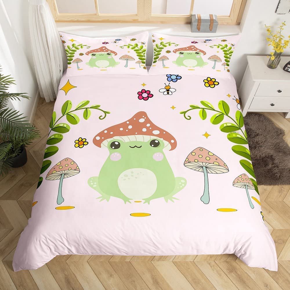 Cute Frog Duvet Cover Set Mushroom Bedding Set for Kids Boys Girls Natural Wild Fungus Comforter Cover Botanical Plants Quilt Cover 1 Duvet Cover with 1 Pillowcase Single Size — image 1