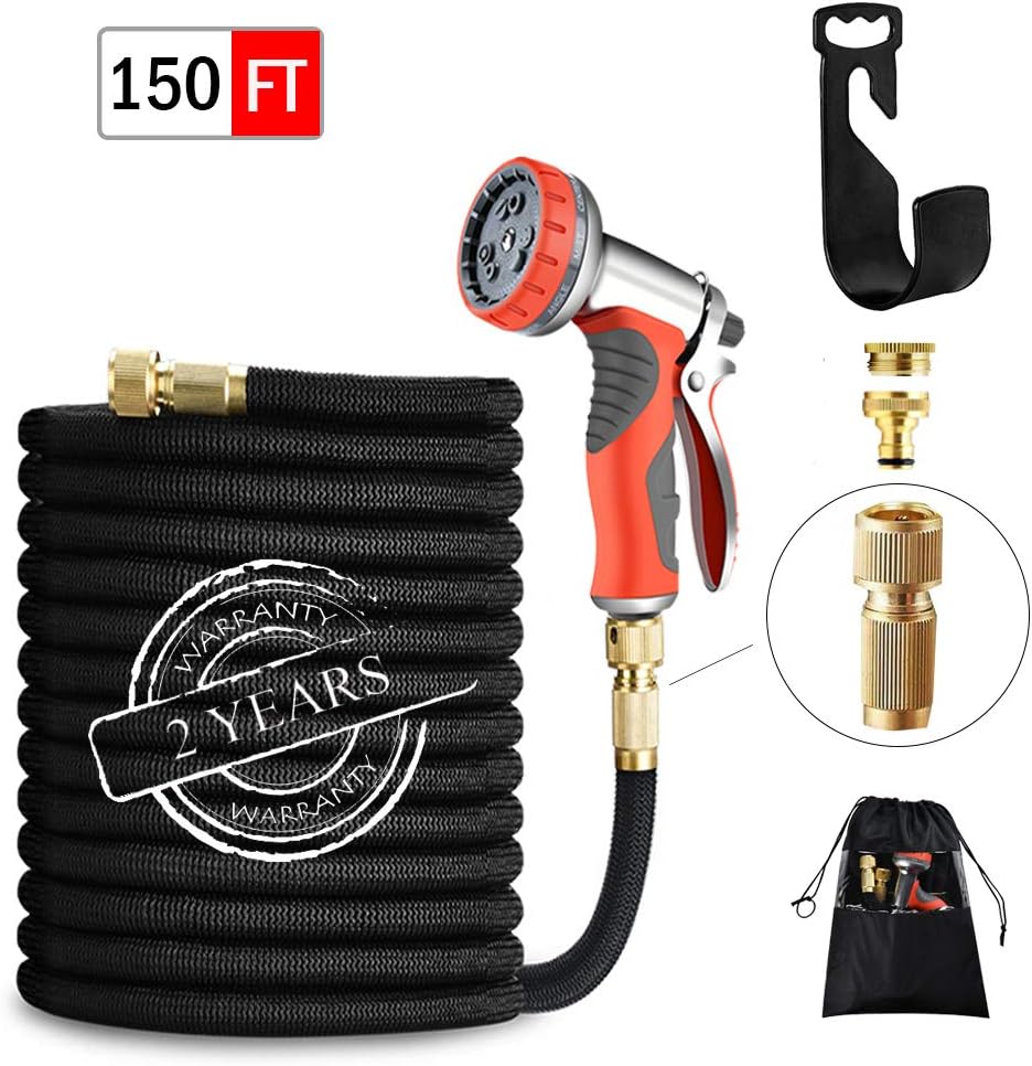 LUFENG Upgraded Expandable Hose 150FT 45M Garden Hose with Double Latex Core Hose Pipe Solid Brass Fittings 9 Function Metal Spray Gun Nozzle Wall Hanger for Gardening Car Washing Pet Bathing (150FT)