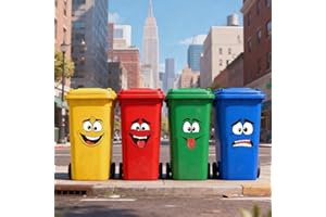 Leniutor 4pcs Wheelie Bin Stickers, Funny Expressions Dustbin Decals, 14.5" x 32.2" Waterproof Vinyl Large Decal for Trash Ca