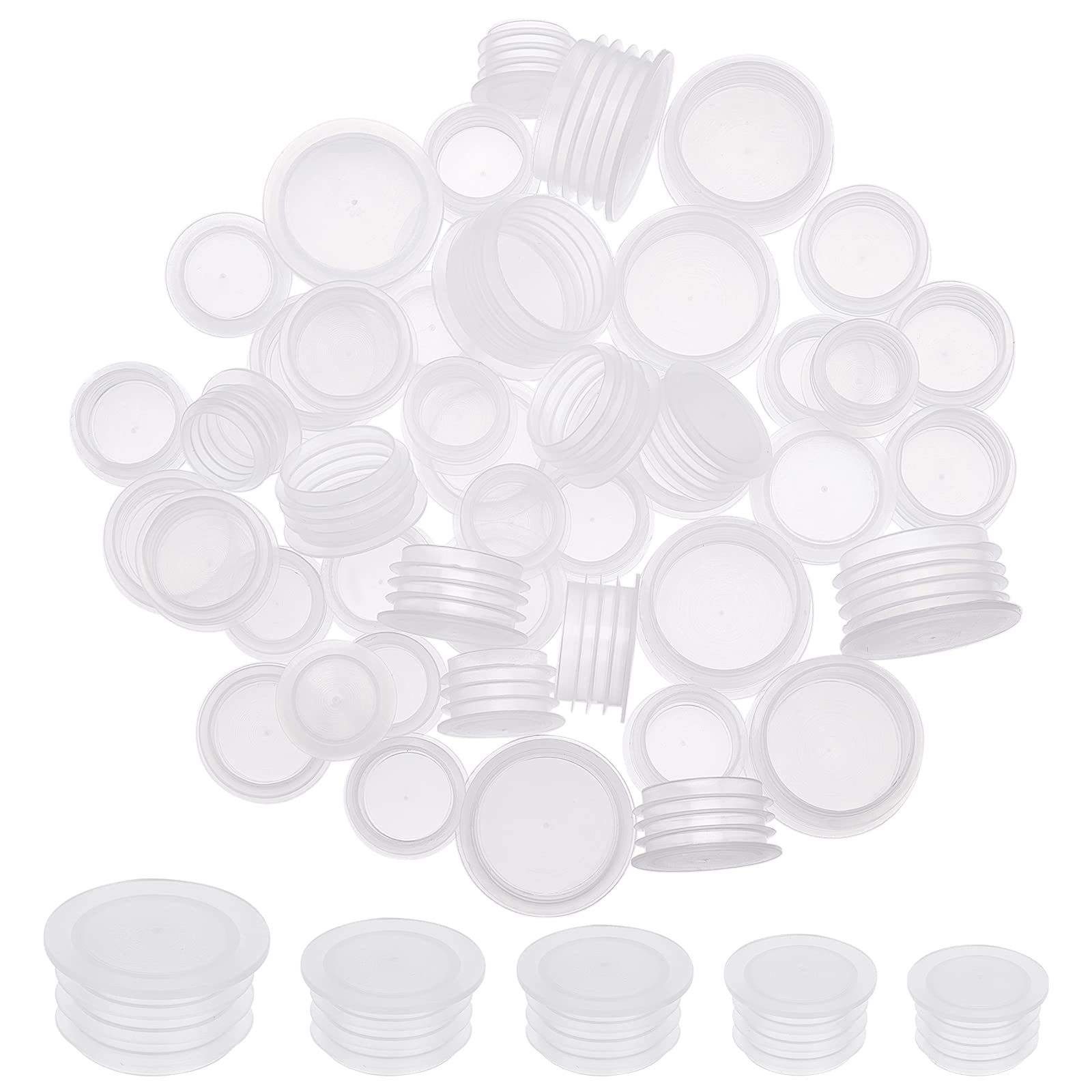 Photo 1 of GORGECRAFT 5 Size 50PCS Salt and Pepper Shaker Stoppers Plastic Salt Shaker Plug Stopper 18.5/19.5/21.5/22.5/28mm Replacement Plug Bottle Caps Reusable Clear Round End Cap for Bottles Pipes