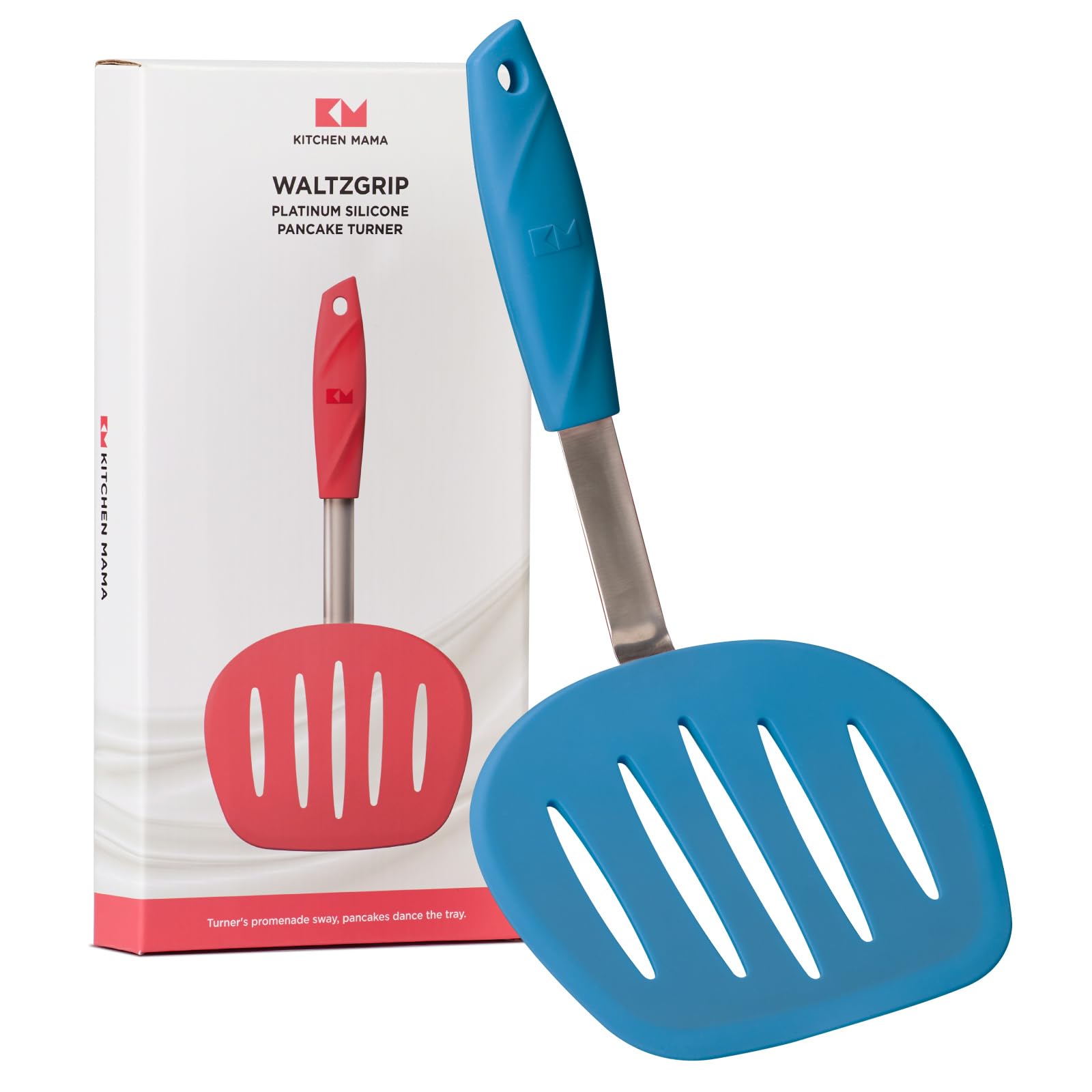 Kitchen Mama WALTZGRIP Platinum Silicone Pancake Spatula Turner: Heat-Resistant, Wide Slotted Tapered Head Stainless Steel Core. Durable, Dishwasher-Safe, Flipping Cooking Needs, Wok Use (Blue)