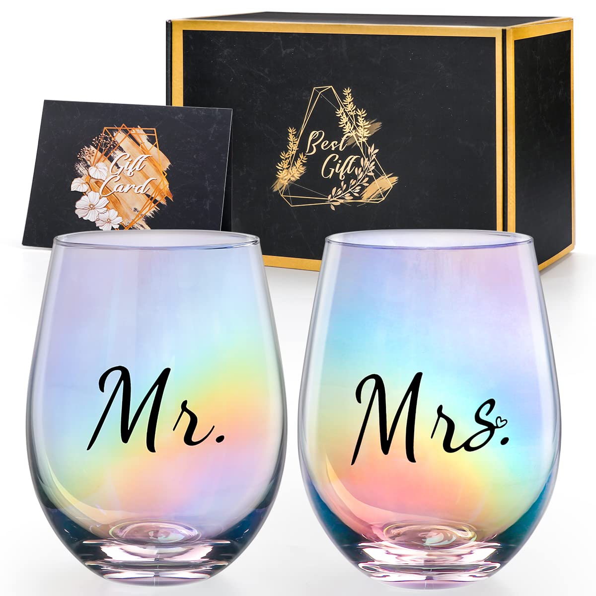 Gutsdoor Mr and Mrs Wine Glasses Set of 2 Iridescent Wine Glasses Stemless, 18.5 Oz Rainbow Couples Engagement Gifts Wedding Gifts for Him and Her
