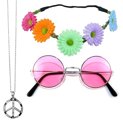 Hippie Set 3-tlg. - Margeriten Haarband, Peace Kette und Lennon Brille - Pink