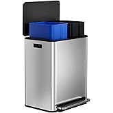 Takywep Dual Compartment 16 Gal Stainless Steel Trash Can with Soft-Close Lid - Step-on Kitchen Garbage Can with Removable Buckets - Odor Control Recycling Bin for Home, Office & Kitchen Use