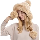 Winter Beanie Hats for Women with Ear Flaps Faux Fur Crochet Skull Cap Warm Outdoor Ski Snow Hats Pompoms