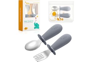 Qkie Toddler Utensils, Toddler Forks and Spoons, Baby Spoons Self Feeding, Stainless Steel Baby Silverware with BPA Free Silicone Easy Grip, 8 Months+