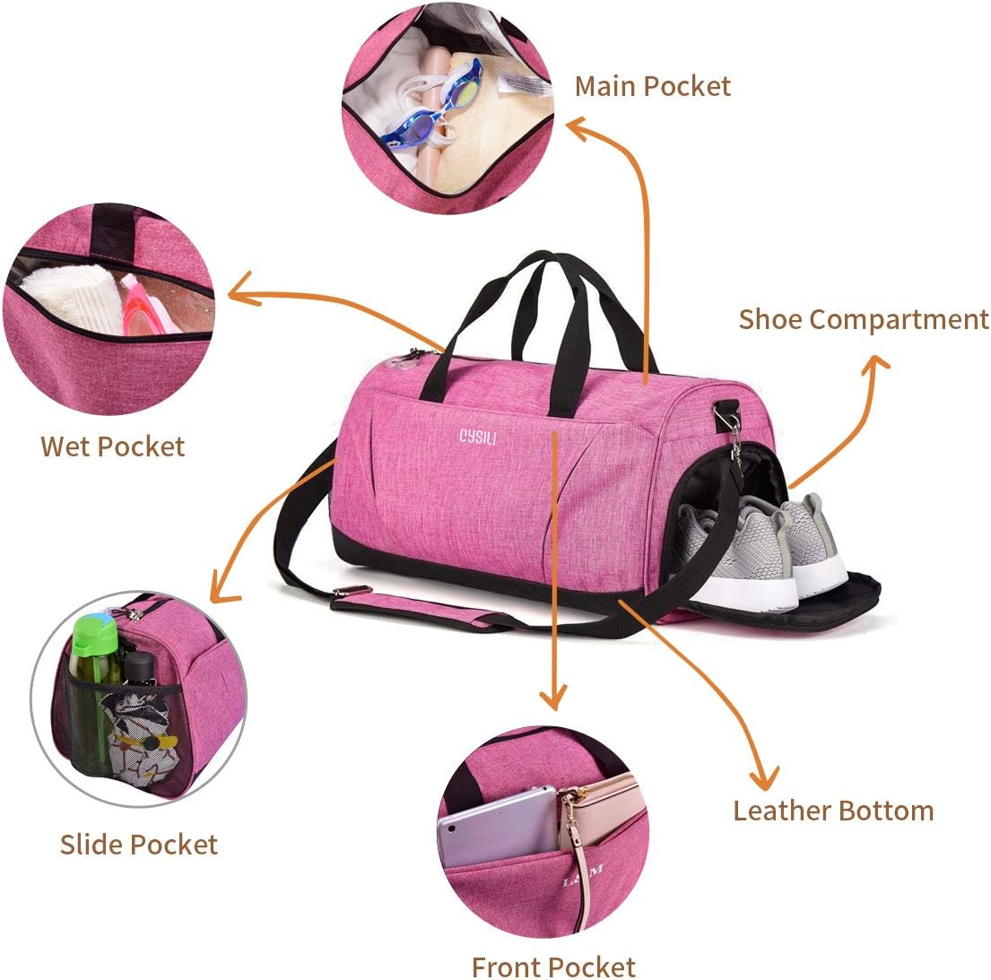 Gym Bag with Shoes Compartment and Wet Pocket,Sports Duffel Bag for Yoga/Swim,Travel Duffle Bag for Men and Women (Pink) - Image 3