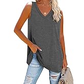 Fisoew Women V Neck Tank Tops Summer Loose Casual Basic Solid Color Sleeveless Shirts Tunic Tops