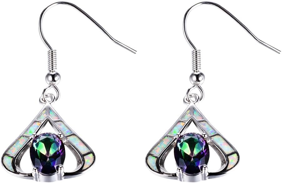 Adeser Jewelry Girls 925 Silver Dangle Earring Lab Purple Rainbow Diamond Opal Promise Wedding Gift Dangle Stud Earrings (White Opal)