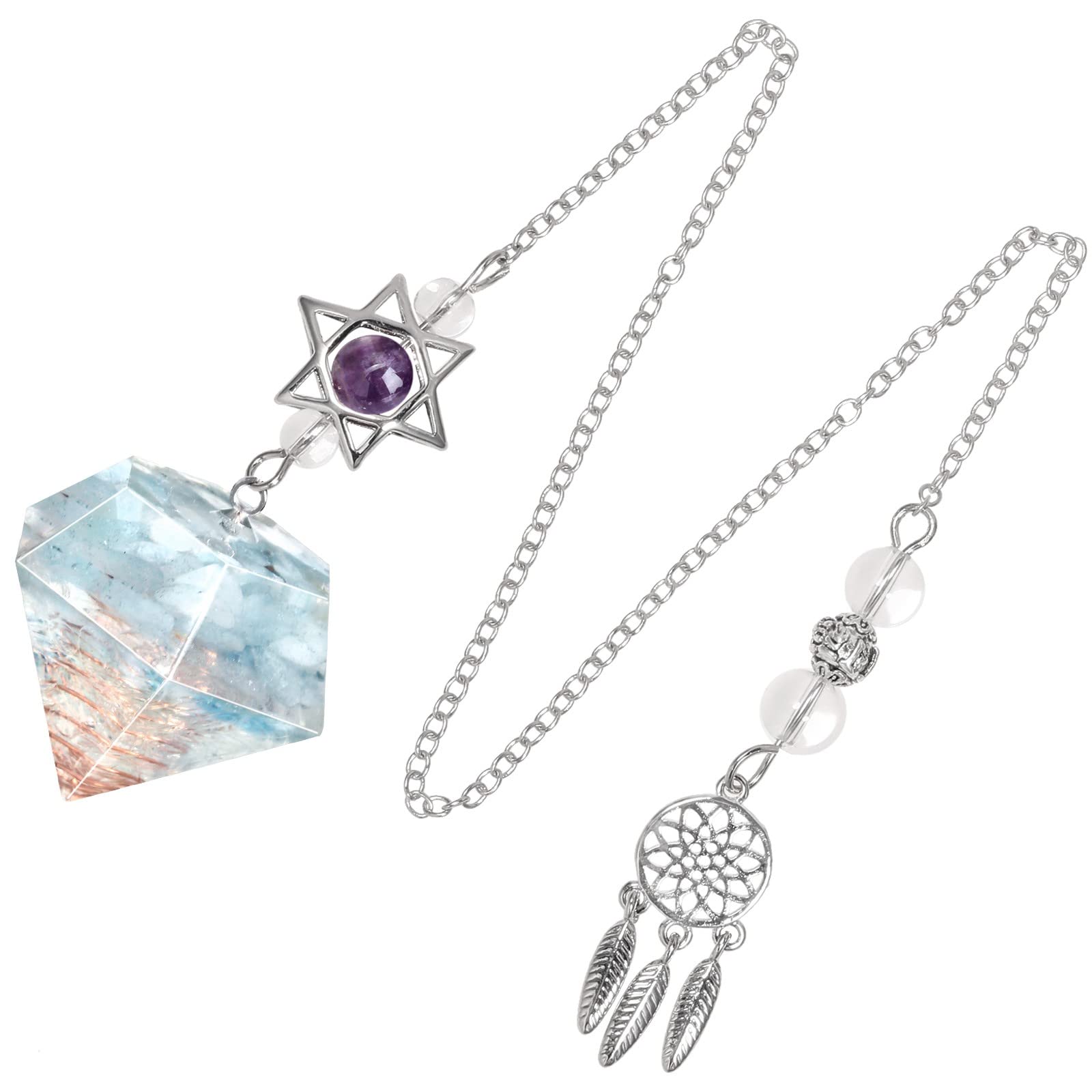 KYEYGWO Healing Crystal Point Pendulum with Dream Catcher and Star of David Necklace, Resin Pendulum Hexagon Crystal Stone Pendant, Aquamarine