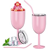 Geiserailie 2 Pack Insulated Wine Glass 10 oz Stainless Steel Margarita Tumbler with Lid and Straw Vacuum Sealed Mug Wine Cup Gift for Women Men Christmas Birthday(Pink,Typical)