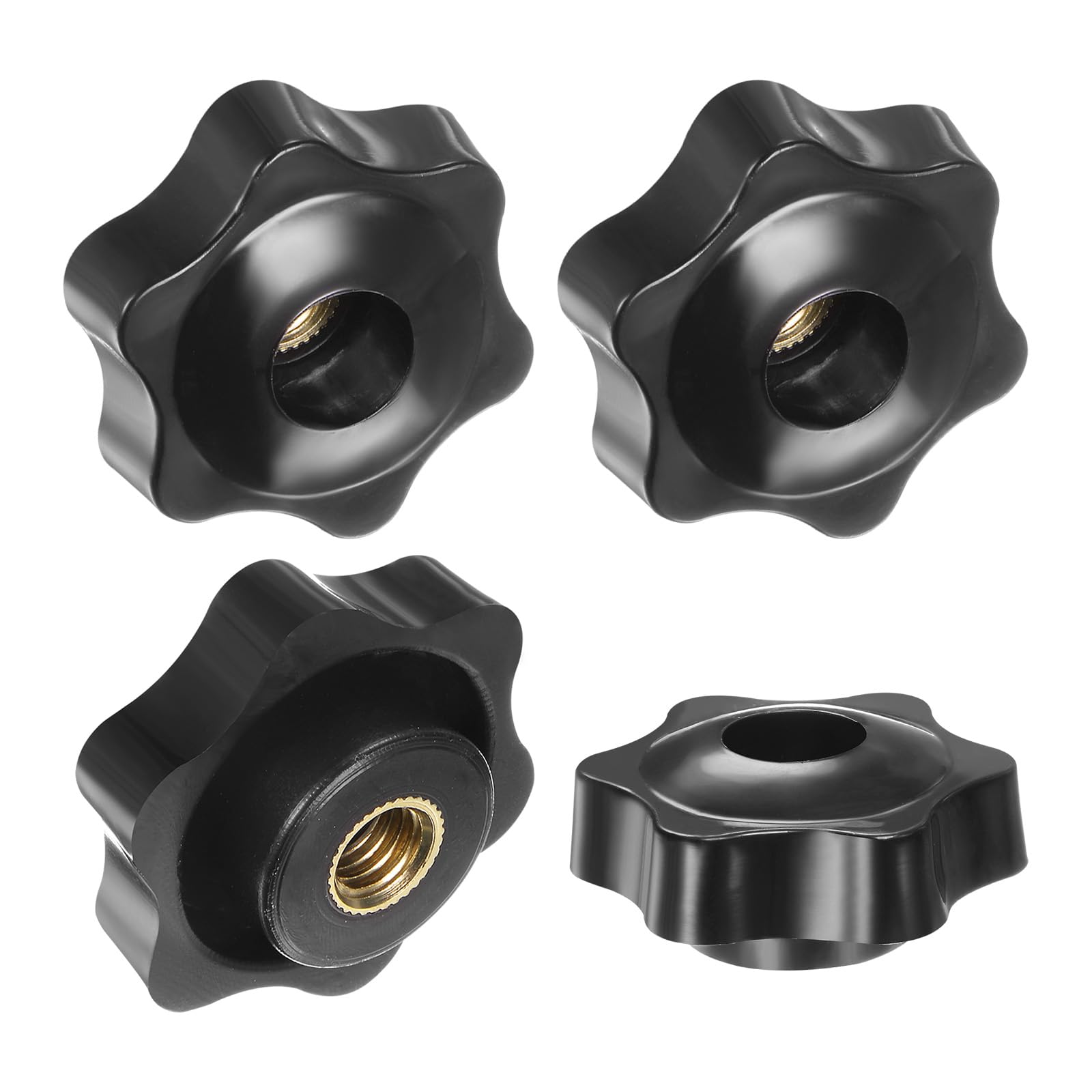 M METERXITY 4-Pack 6 Star Knobs, M8 Female Thread 38mm Hexagon Head Through Hole Clamping Grip Handles for Machinery/Electronic/Woodworking, Brass Screw-On Threaded Knob [Black]