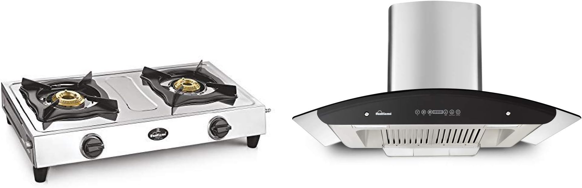 Sunflame Shakti Stainless Steel 2 Burner Gas Stove with Sunflame 60cm 1100m3/hr Auto Clean Chimney(CH Rapid 60 DX, Baffle+Charcoal Filter, Touch Control, Steel/Grey)