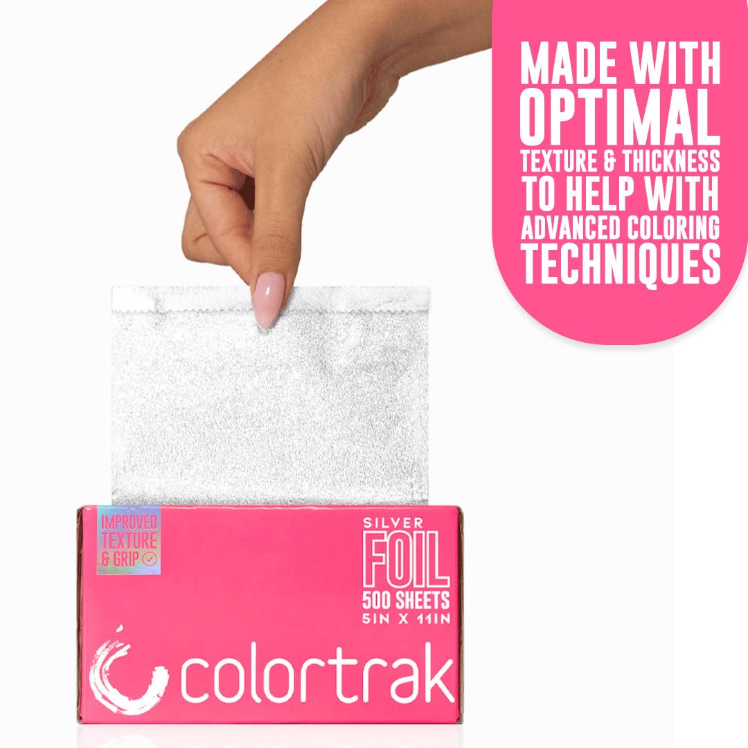 Colortrak Embossed Sheets Silver Aluminum Foil Pop-up Dispenser, 500 Pre-cut Sheets Non-slip Textured, for Hair Foil Coloring and Highlighting Applications Silver, 5 x 11
