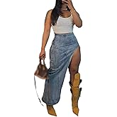 Tbahhir Womens High Slit Denim Skirt Button Down Vintage Jean Skirts Long Washed Clubwear Blue