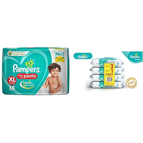 Pampers Premium Care Pants Diapers, X-Large, 36 Count & Pampers Fresh Clean Baby Wipes - 64 Wipes/Pack (Buy 3 Packs Get 1)