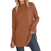 JUSTFASHIONNOW Tunic Tops for Women Casual Long Sleeve Turtle Neck Shirts Thumb Hole Curved Hem Tops Fall Fashion